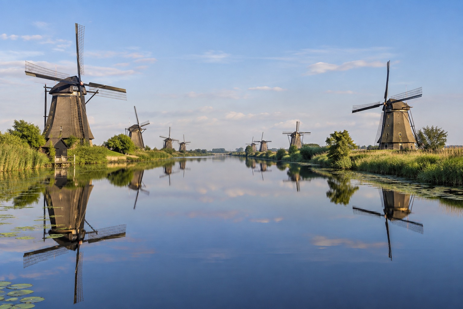 Two rows of windmills reflected in a still canal at Kinderdijk, South Holland