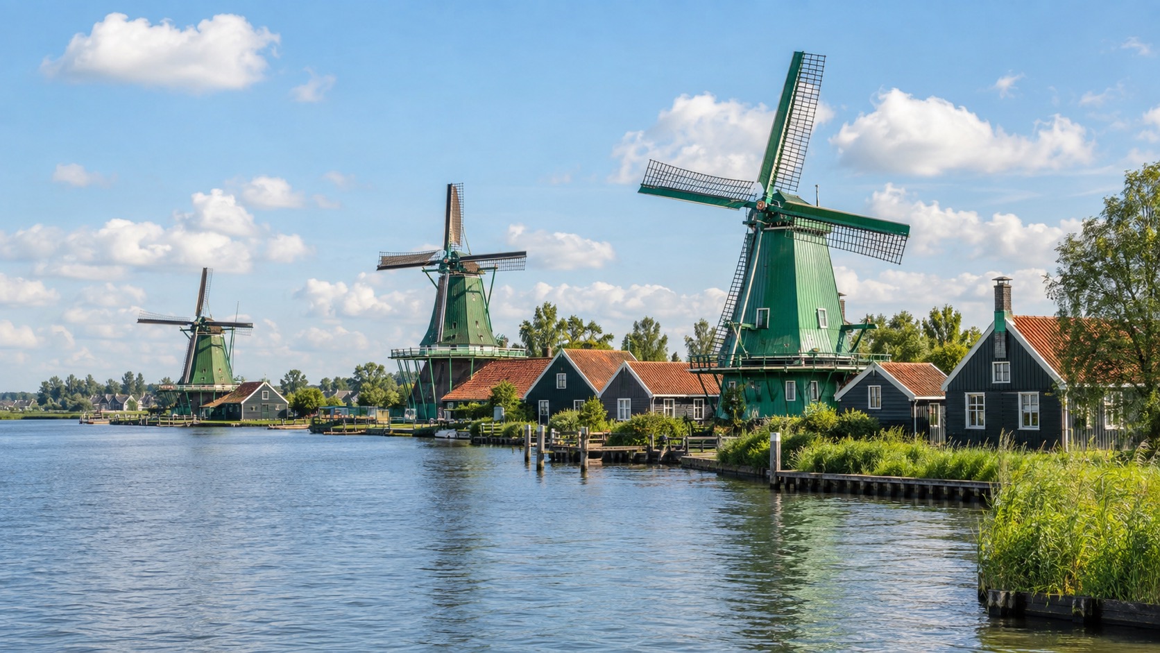 Green wooden windmills and traditional houses at Zaanse Schans beside a river