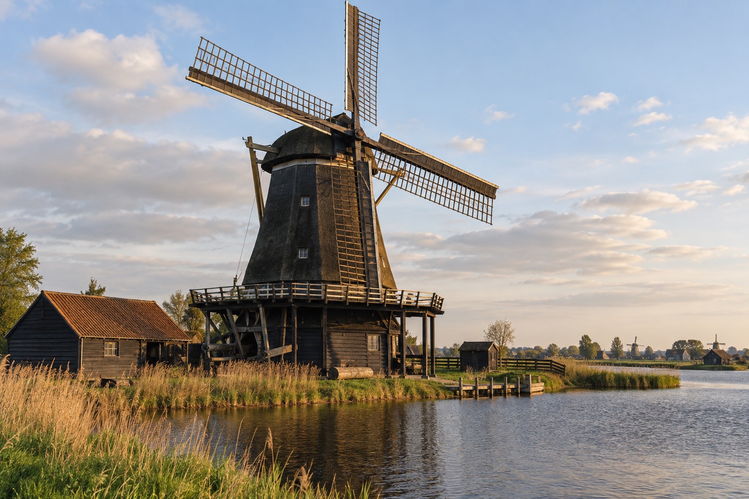 De Zoeker oil windmill at Zaanse Schans beside the water