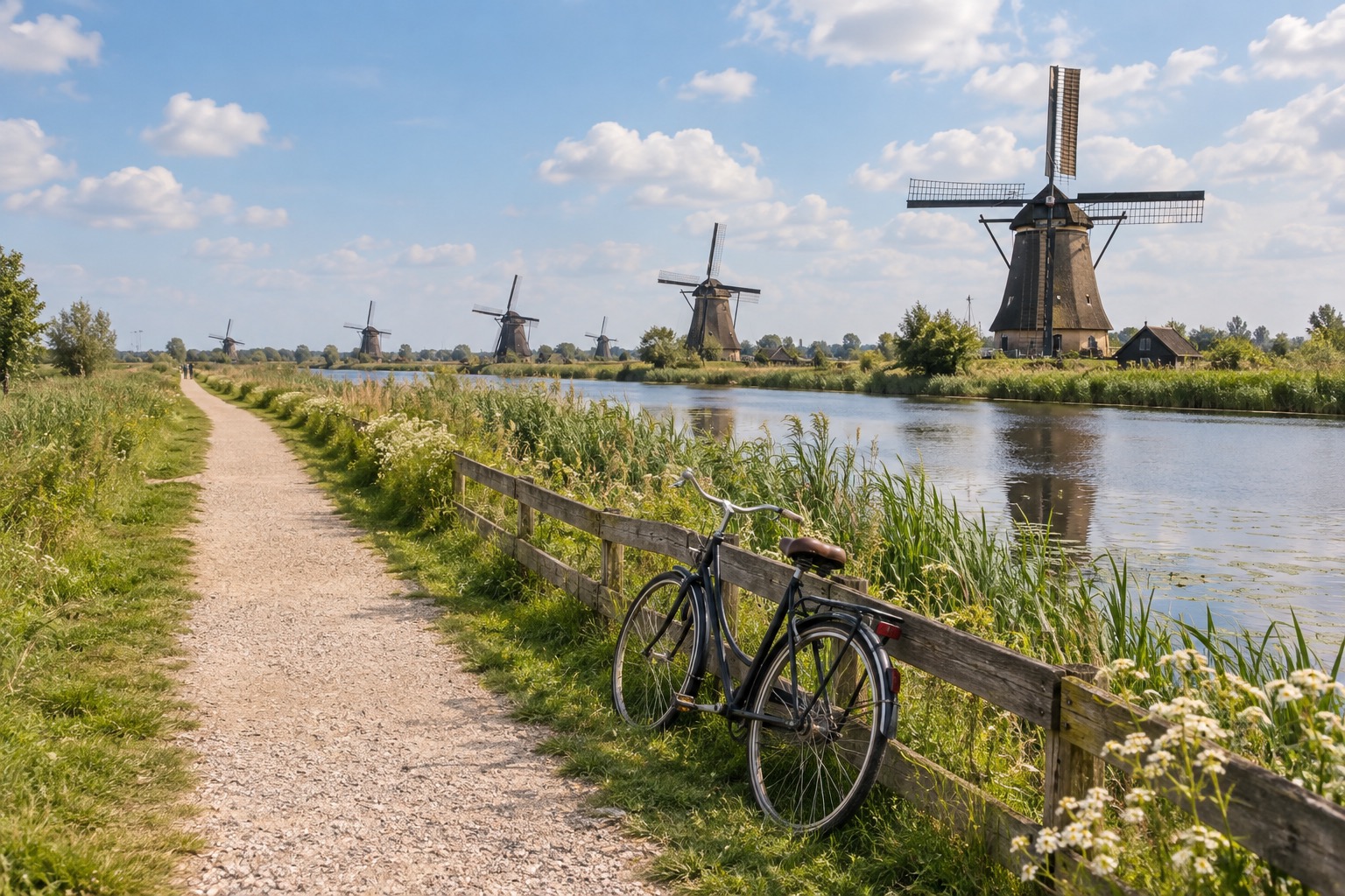 Visitors walking and cycling the flat towpath alongside the Kinderdijk windmill row