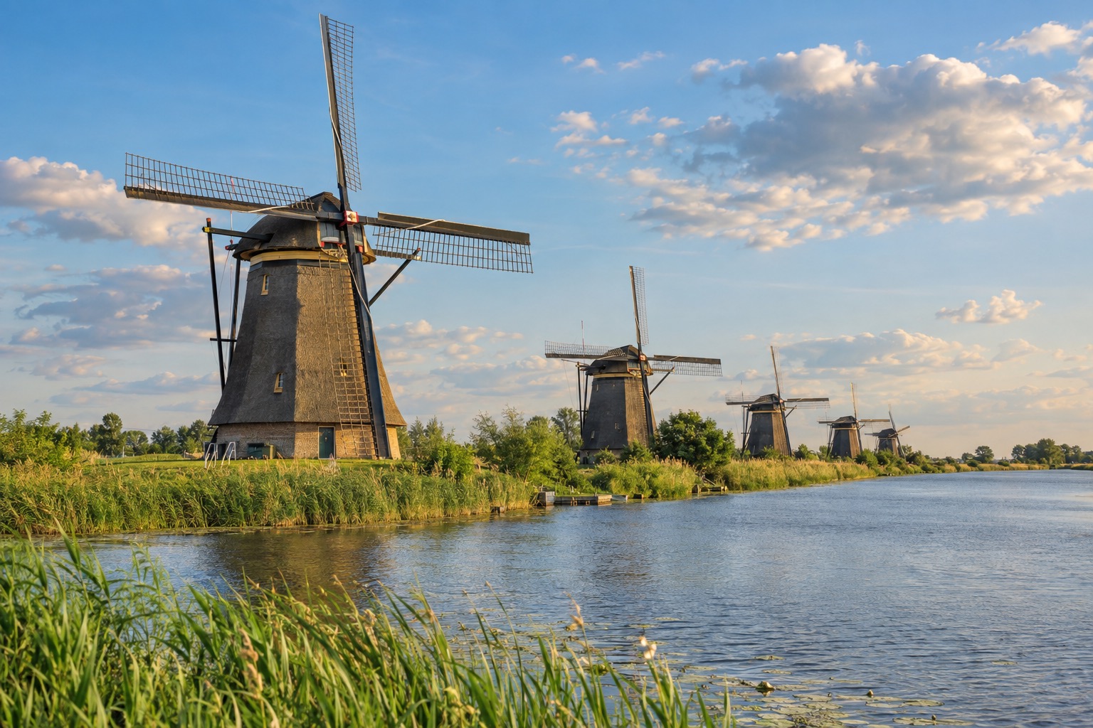 Row of traditional Dutch windmills along a canal at Kinderdijk under a wide sky