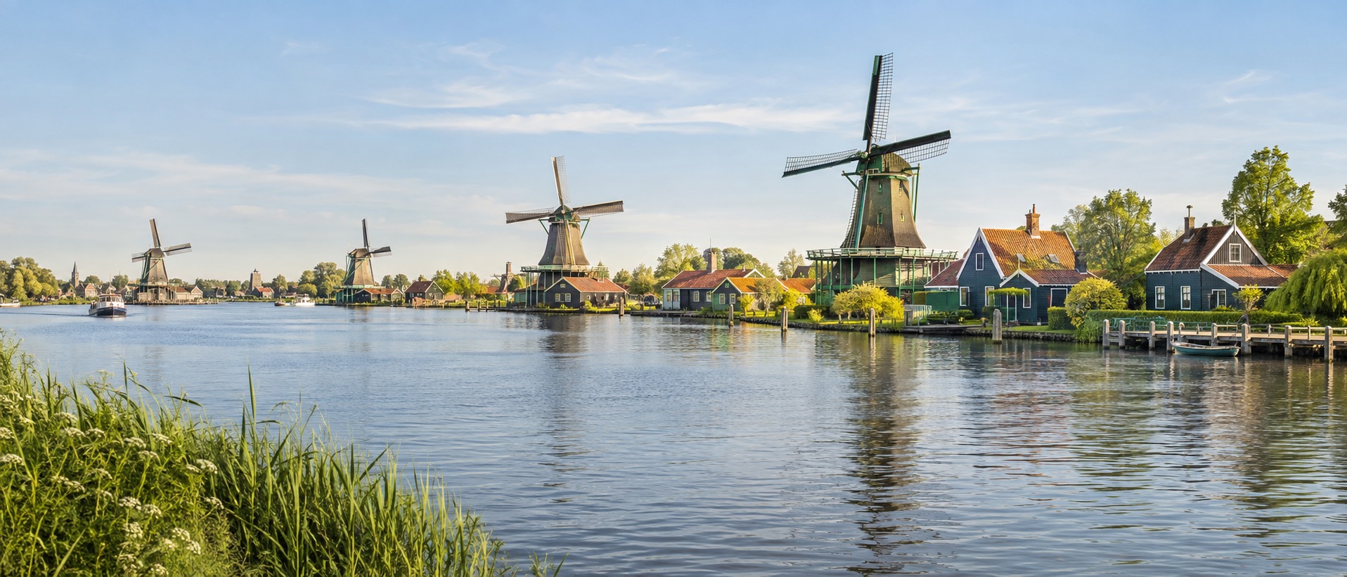 Traditional green wooden windmills and houses along the Zaan river at Zaanse Schans