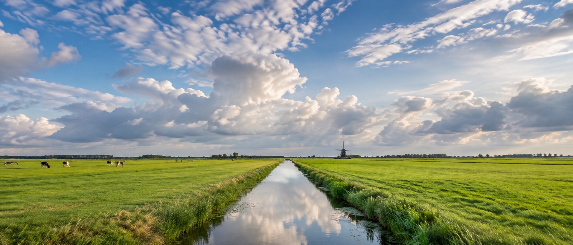 Flat Dutch polder farmland below a wide sky, with a drainage canal and a distant windmill